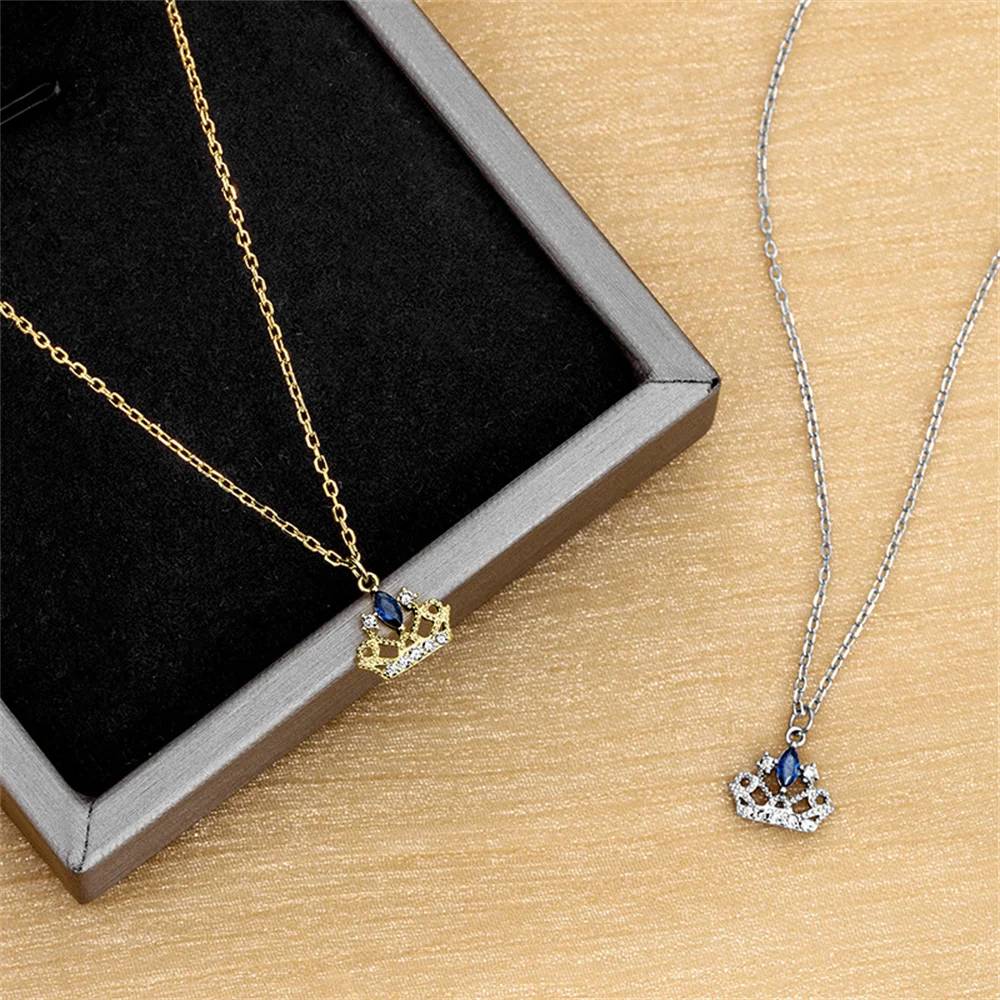 

Korean S925 Silver Crown Sapphire Diamond Necklace, Vintage Chic, INS Trendy Collarbone Chain