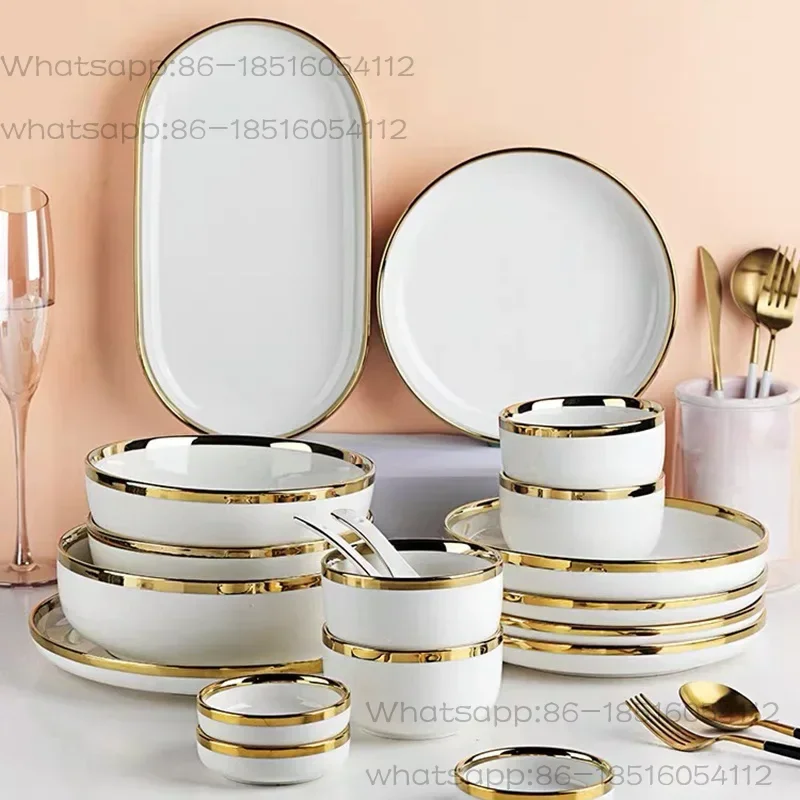 Ceramic Plates Bowls Gilt Rim White Porcelain Dinner Tray Kitchen Plates Ceramic Tableware Food Dishes Rice Salad Noodles Bowl