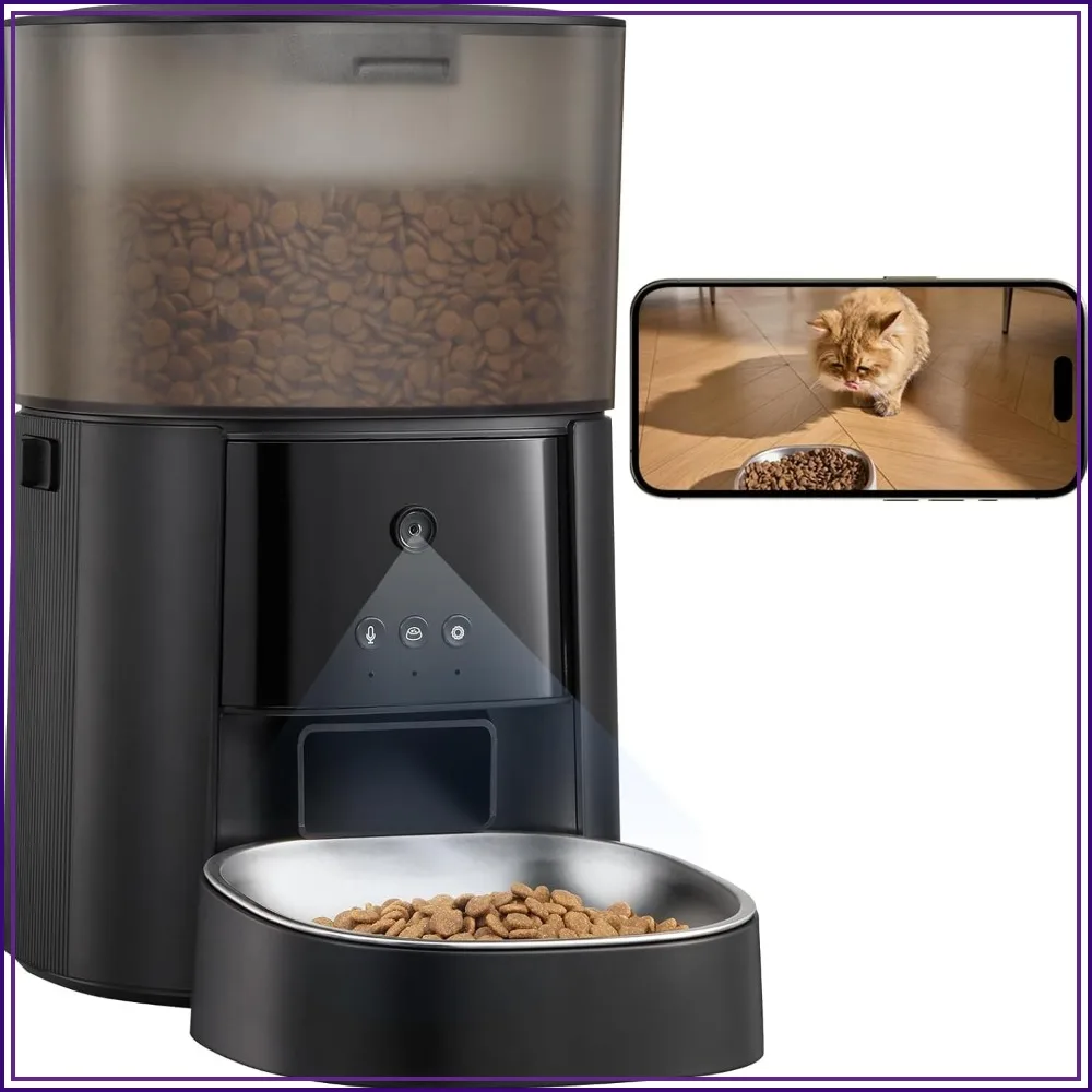 WiFi Cat Feeder with Camera & Voice, 4L Dry Food Dispenser, Custom Portions, Dual Power