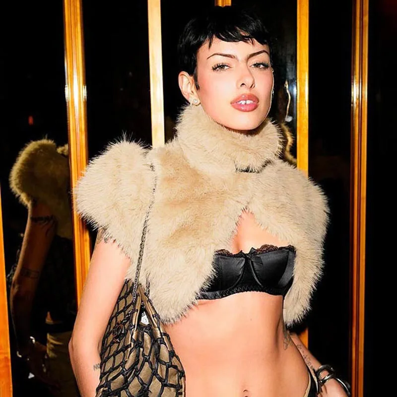 

Женские роскошные куртки из искусственного меха, укороченные топы, пушистый воротник-стойка, короткий рукав, кардиган из искусственной кожи с пряжкой, пальто, теплая верхняя одежда, жилеты