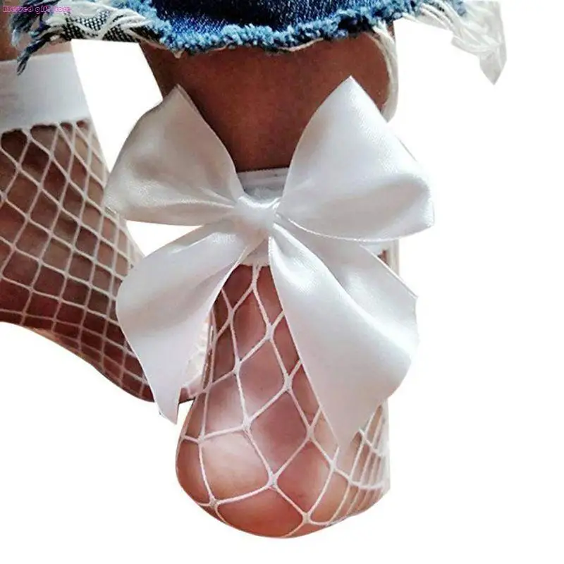 D0JC Women Ankle High Socks Sexy Thin Summer Fish Net Socks Bow Decoration
