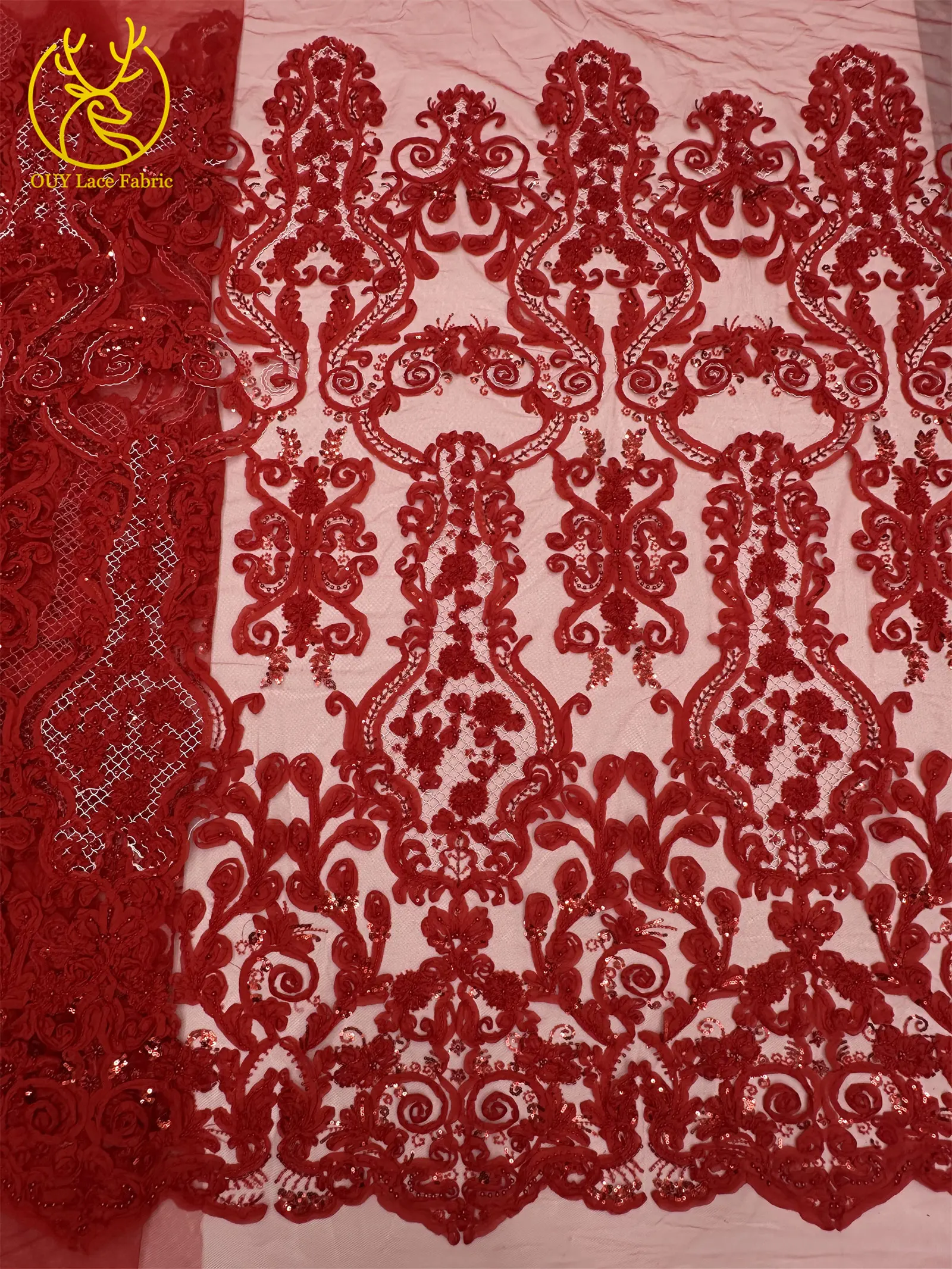 3D Afrikanischer Perlen-Spitzenstoff Schwarz Rot Luxuriöser Hochwertiger Französischer Pailletten-Tüll für Damen Abendkleid DIY Nähen 5 Yards – Detail 13