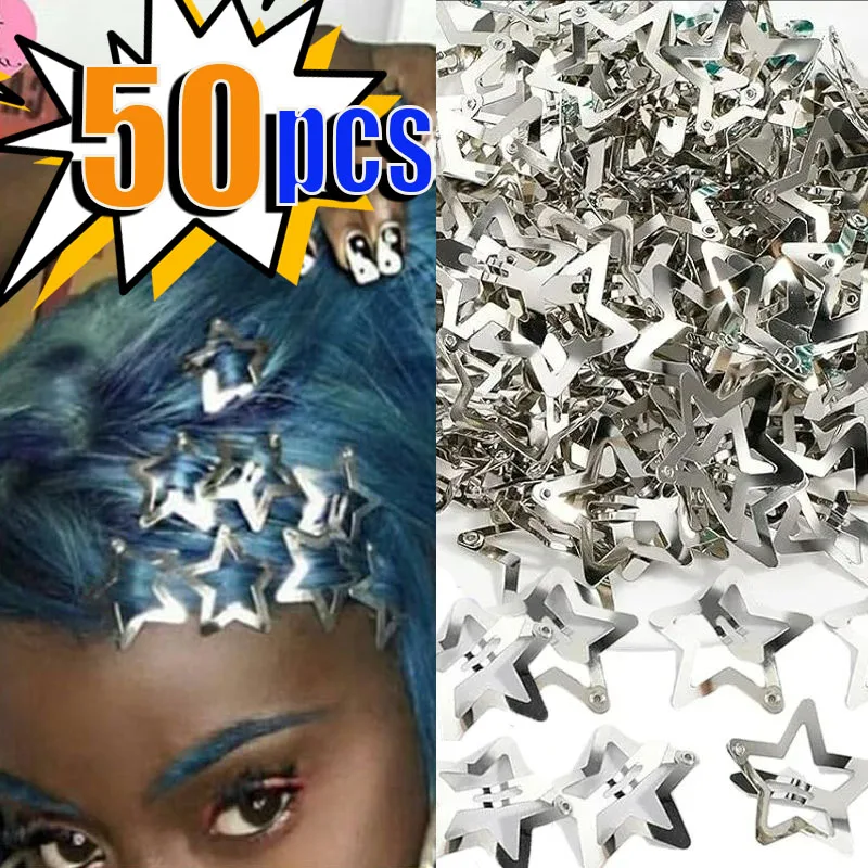 50Pcs Silver Star Hair Clips for Girls Filigree Star Metal Snap Clip Hairpins Barrettes Fashion Bobby Pin Headwear Accessories