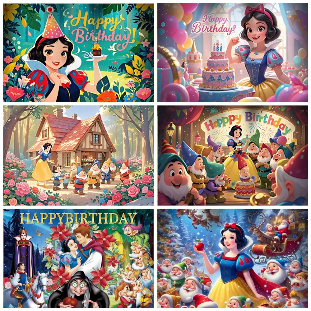 

Disney Princess Snow White Background Supplies Seven Dwarfs Happy Scene Backdrop Fairy Tale Forest Birthday Party Decorations