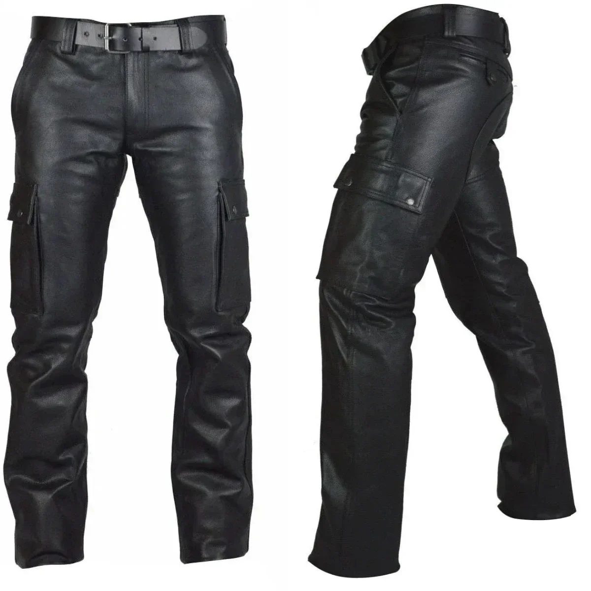 Men PU Long Pants, Faux Leather Multi Pockets Straight Biker Trousers, Gothic Steampunk Casual Motorcycle Cosplay Pants