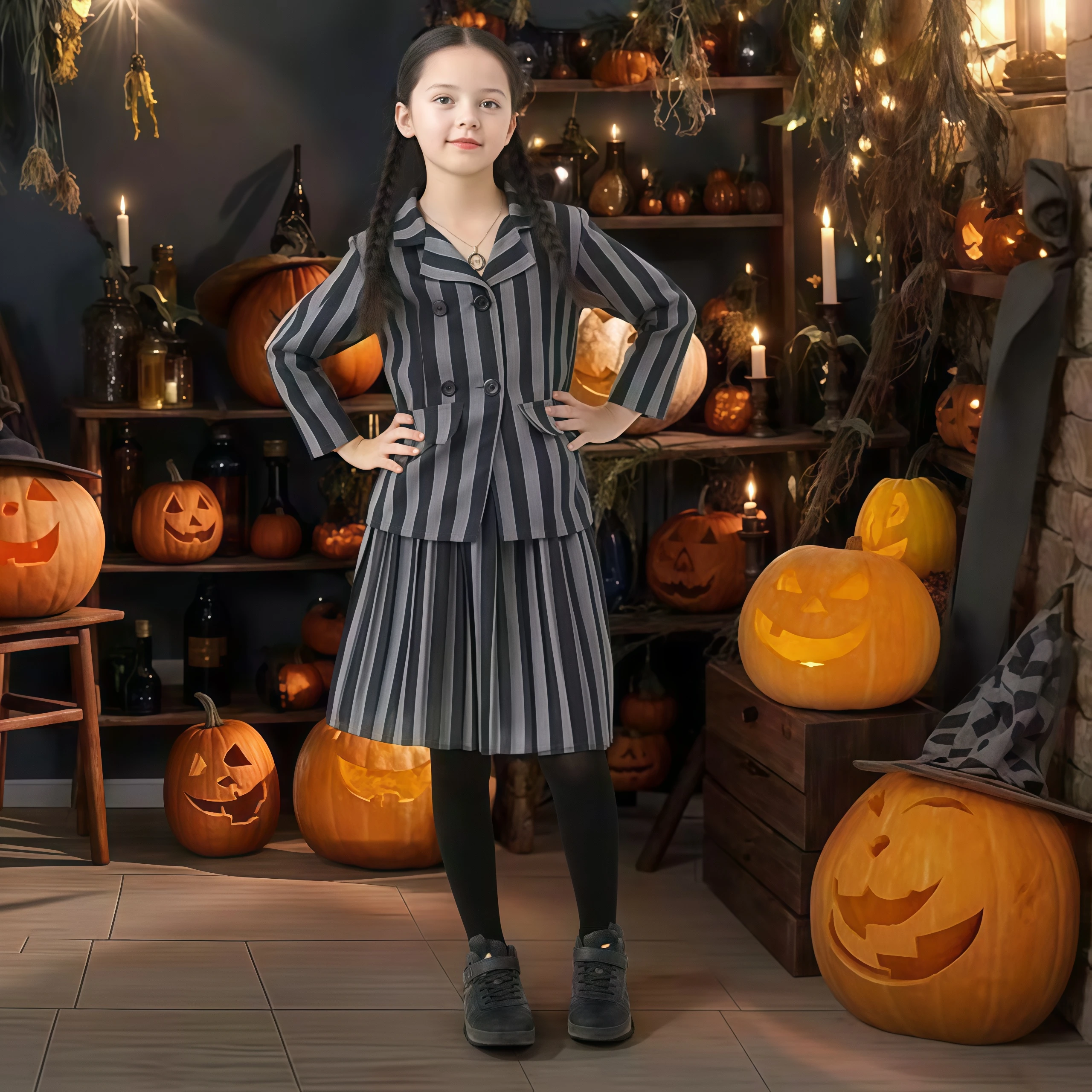 زي مدرسي للأطفال البنات أكاديمية زي تنكري أسود ورمادي فستان مخطط للعائلة الأربعاء والهالوين مجموعات حفلات أعياد الميلاد