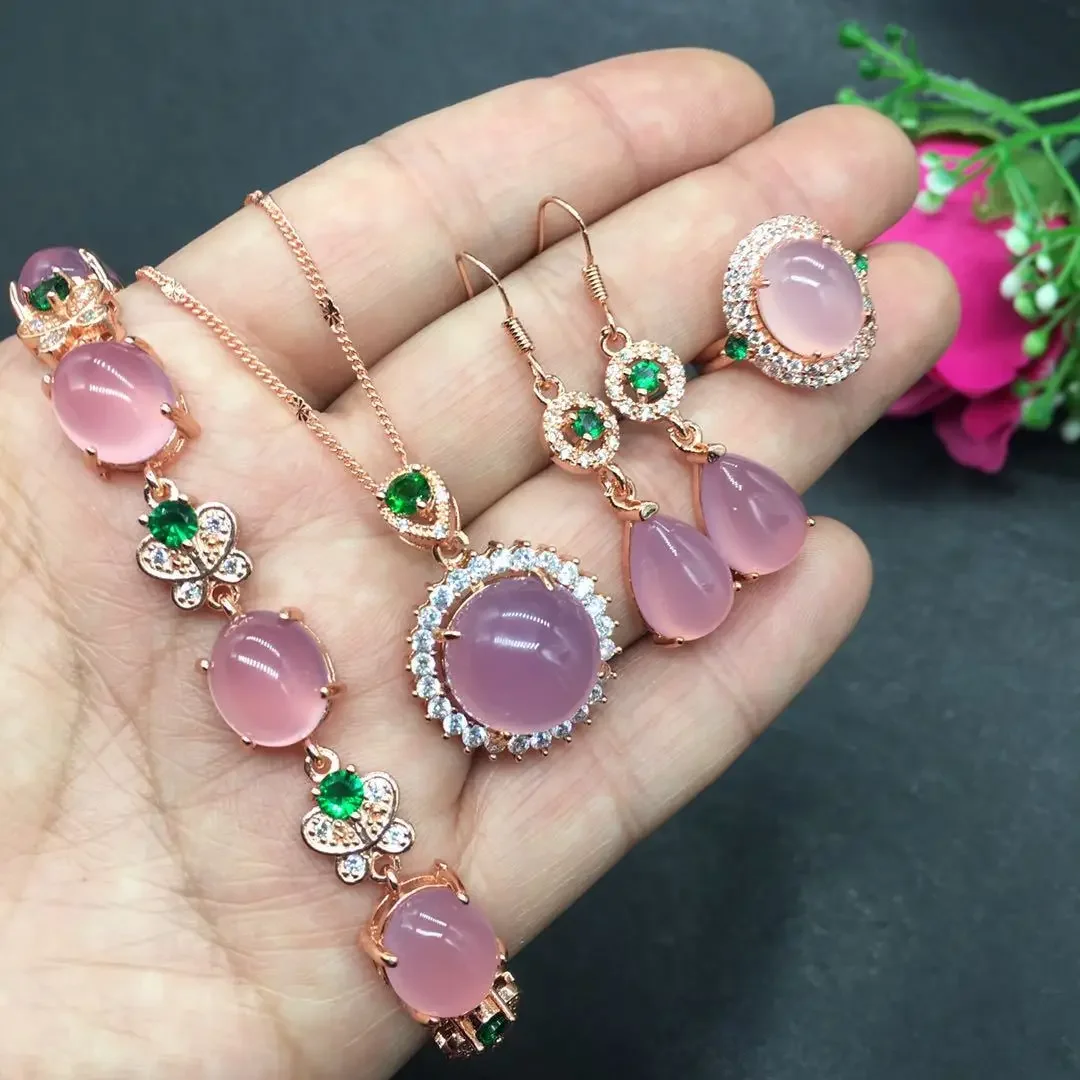 925 silver inlaid pink chalcedony three-piece set agate chalcedony necklace pendant ring earrings bracelet ladies jewelry