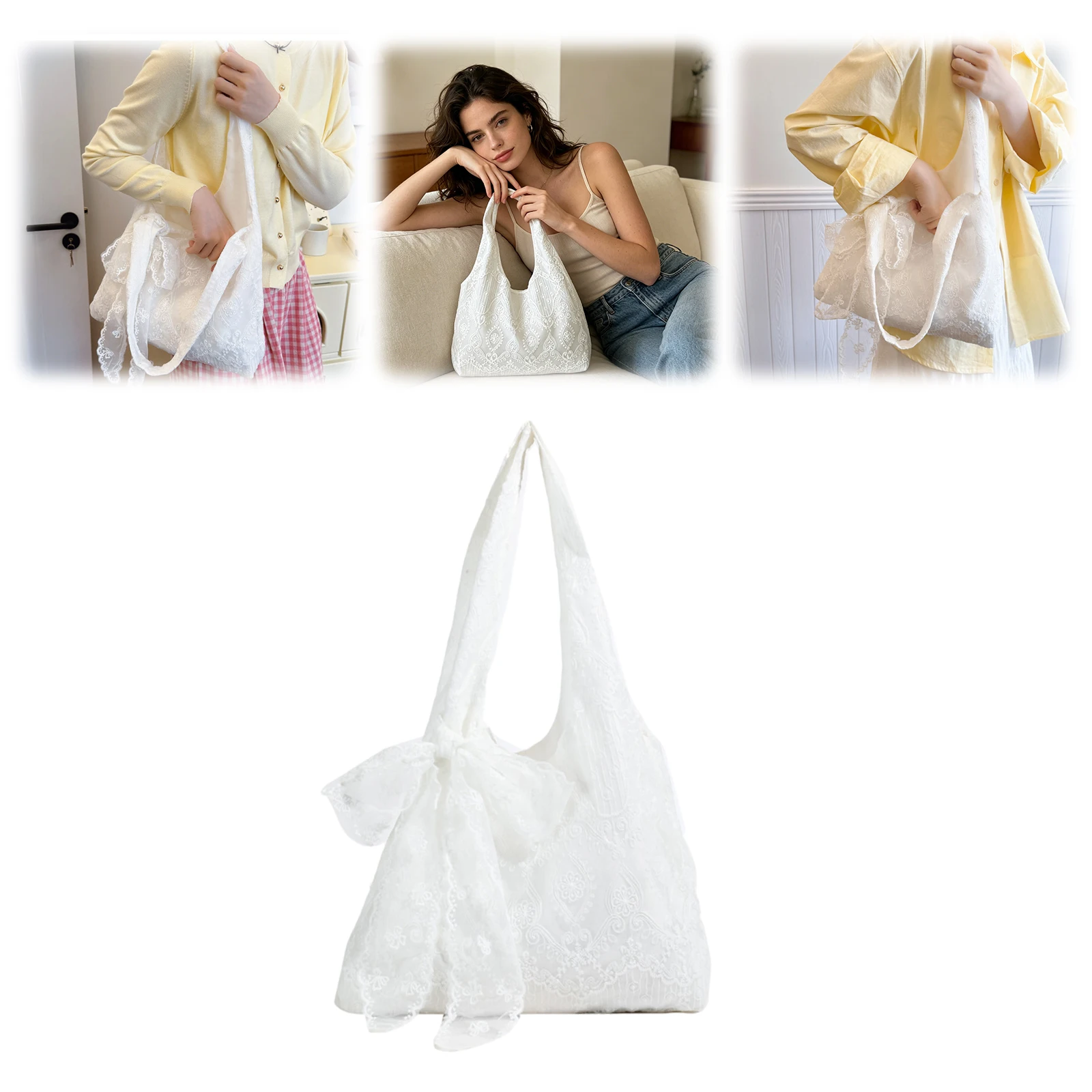 Elegant Lace Tote Bag Large Capacity Boho Beach Purse Casual Tote Handbag White Lace Shoulder Bag Women Travel Vacation Handbag