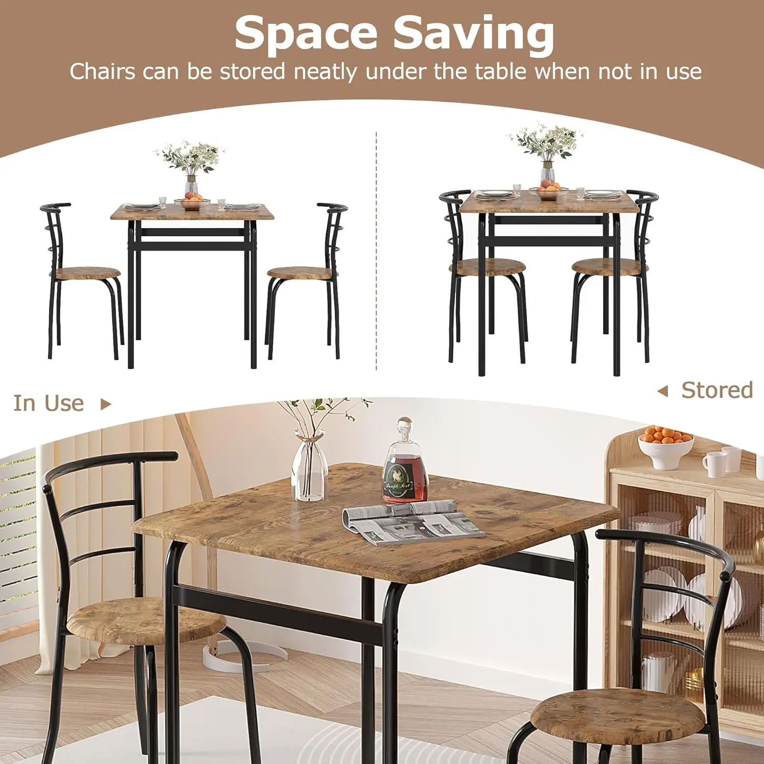 Vecelo 3 Piece Dining Table & Chairs Set For 2, Metal And Wooden Square Kitchen Dinette Set For Small Space, Breakfast Nook,