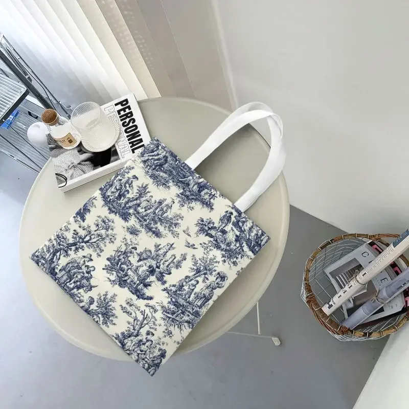 NOMADES Artsy Vintage personalizado Toile De Jouy bolso De mano para compras De comestibles para mujer, bolsos De hombro De lona azul marino y blanco, bolsos De compras