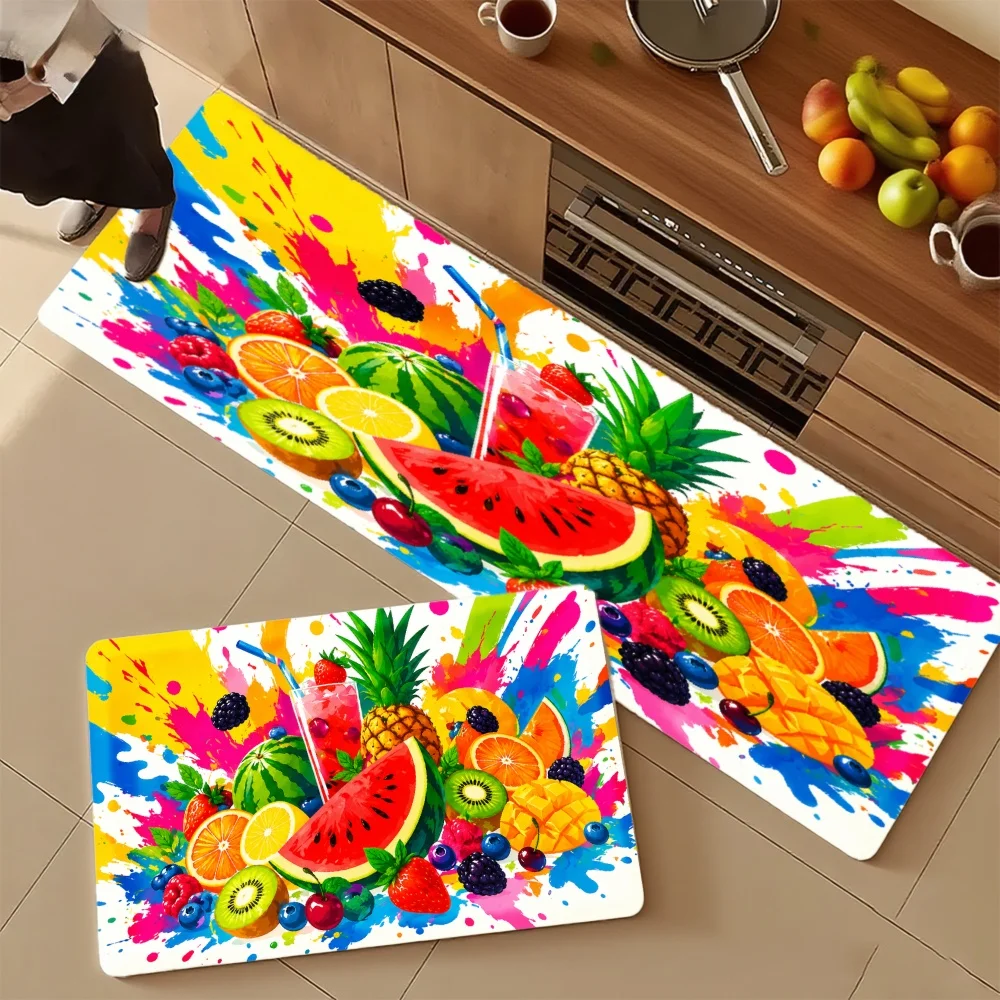 3PCS Mat Set,  Home Decoration for Front Door, Kitchen,  Colorful Fruit Splash Pattern Print Kitchen Rug.