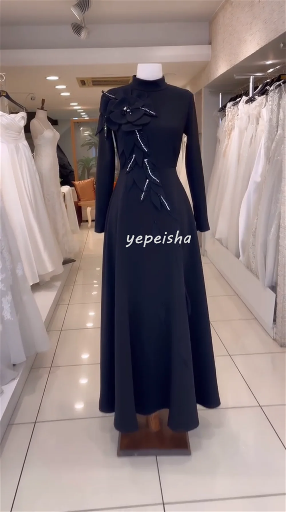 Customized Exquisite Jersey Handmade Flower Beading Sequined A-line High Collar Long Dresses Bespoke Occasion Dresses Exquisite