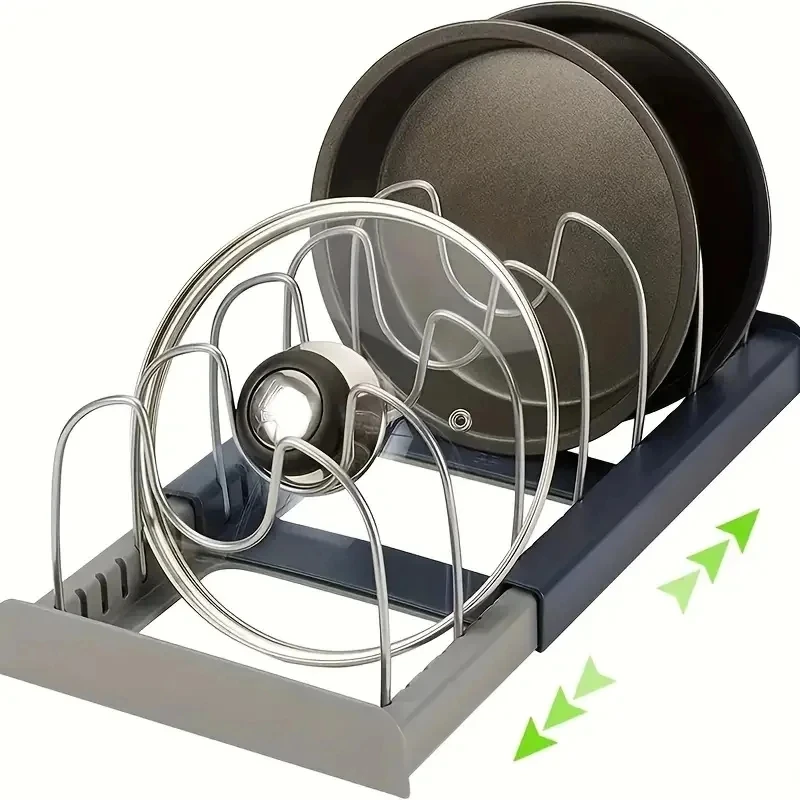 Expandable Stainless Steel Kitchen Storage Rack for Pan Pot Lid Cutting Board Dish Drying Cookware Organizer