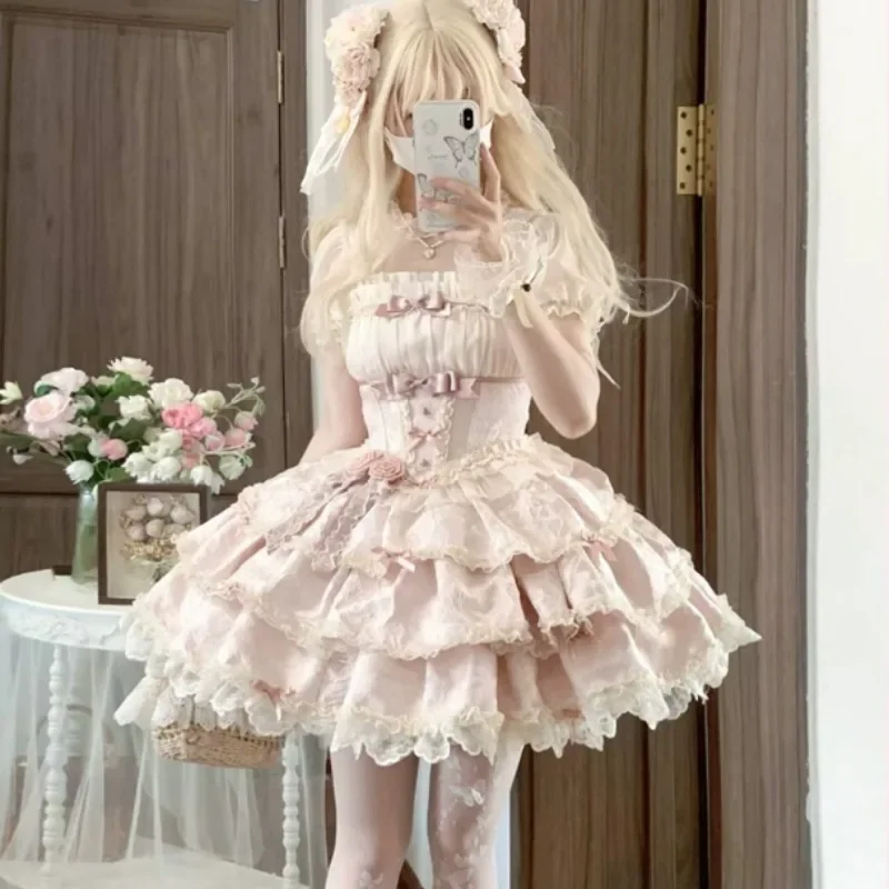 MAGOGO Sweet Ballet Style Lolita Strap Dresses Soft Girls Kawaii Bow Ruffles Doll Sense Princess Party Mini Dress Women Clothing