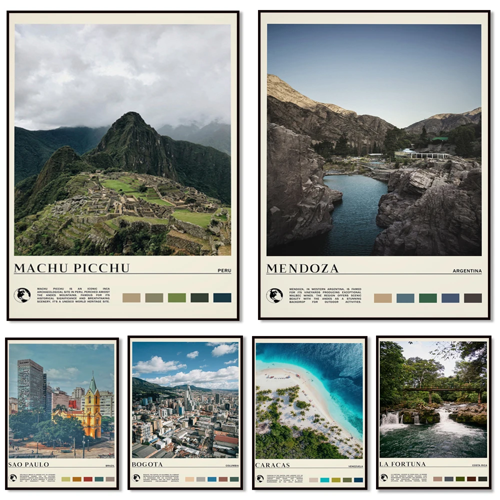 Bogota, Brasil, Medellín, Cartagena, Buenos Aires, Mendoza, Machu Picchu, Cusco, Lima, Caracas, Aragua, Santiago carteles de viaje