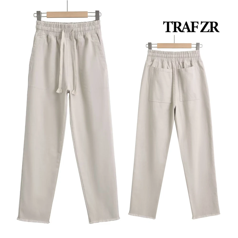 

TRAF ZR Casual Mid-Rise Cropped Pants Adjustable Elestic Waistband Y2k Capris Pants Frayed Hem Trousers Woman High Street Slacks