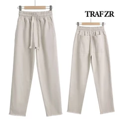 TRAF ZR Casual Mid-Rise Cropped Pants Adjustable Elestic Waistband Y2k Capris Pants Frayed Hem Trousers Woman High Street Slacks