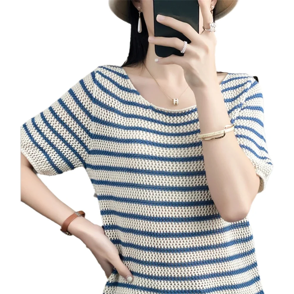 LDZWSM Summer New Women's Striped Short Sleeve T-Shirt Pure Cotton Knitted Loose Color Block Top Thin Style A3032055