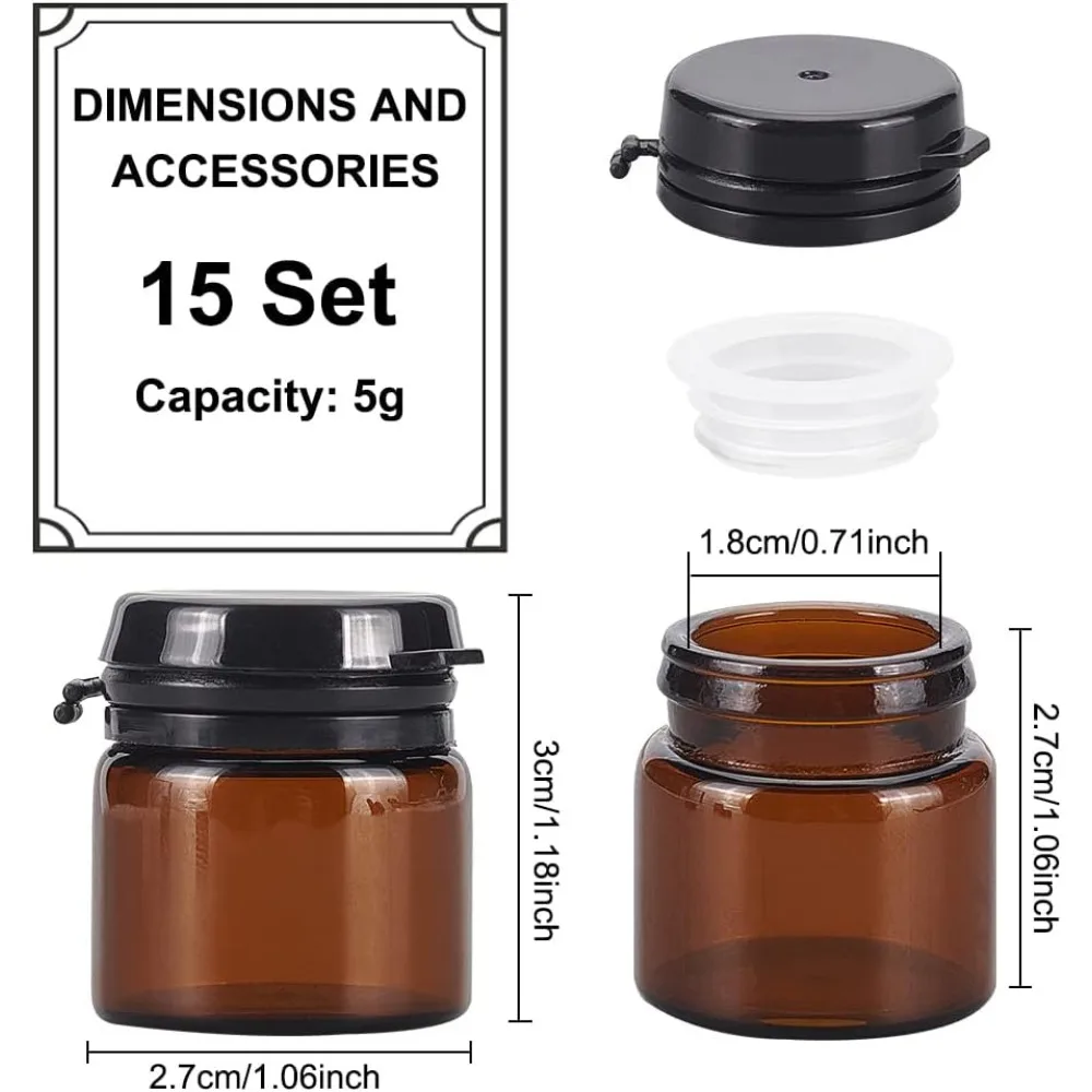 15 Pack 5g Round Amber Glass Cream Jars, Black Flip Top Lid Cosmetic Glass Jars with Leak-Proof Gasket for Lotion, Cream