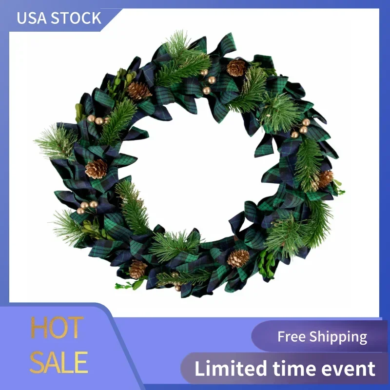 

Blue and Green Plaid Bow Artificial Pine Christmas Wreath 17.75-Inch Unlit