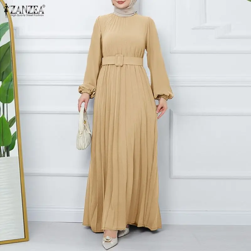 

ZANZEA Мусульманское скромное женское плиссированное длинное платье с круглым вырезом, длинными рукавами и поясом, макси-платье, исламская абайя, хиджаб, наряд для Ид, женская одежда
