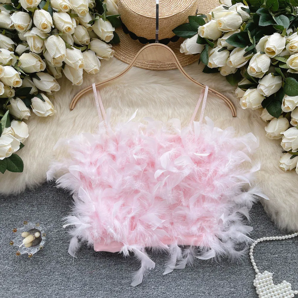 

Feather Patchwork Tanks Camis Women Spaghetti Strap Fur Sexy Solid Clours Summer Corset Crop Tank Tops Femme Skinny Camisoles