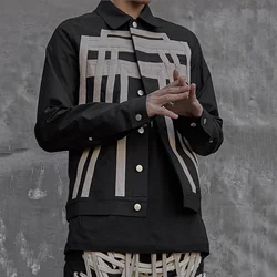 Autumn 2022 New Men's Clothes Ribbon Patchwork Slim Thick Shirt Hip Hop High Street Trend Black Lapel Fashion Tops 2Y4423