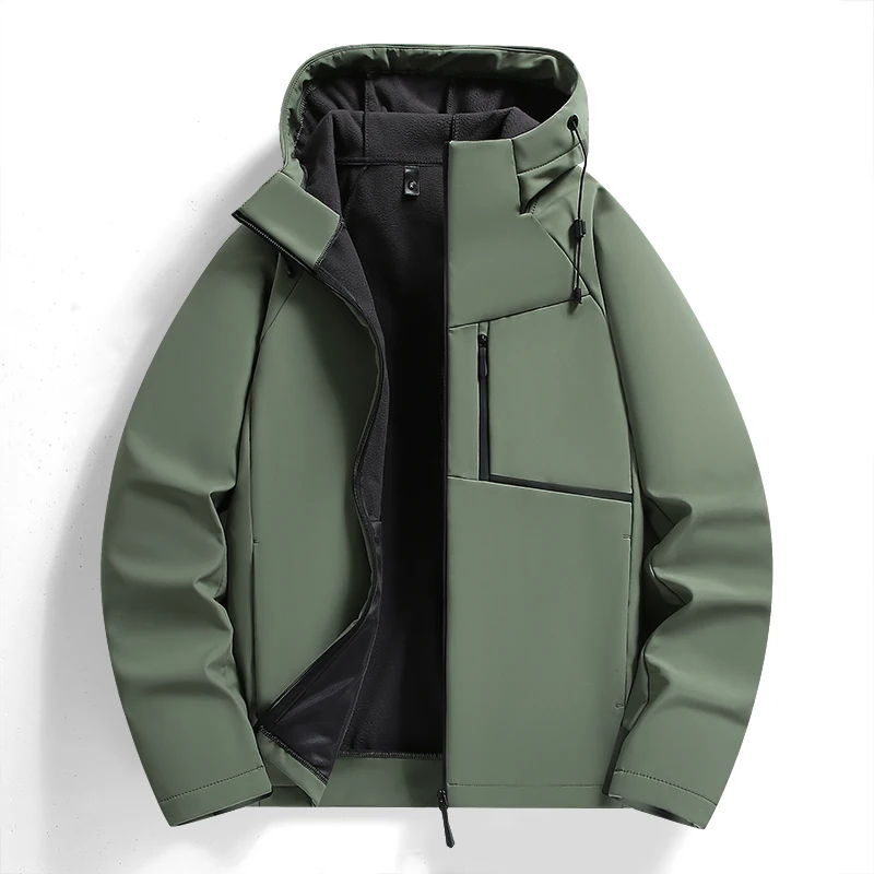 

2025 Autumn/Winter Men's Jacket Fleece Liner Softshell Warm Coat Waterproof and Windproof Outdoor Zip Pockets Hooded Windbreaker