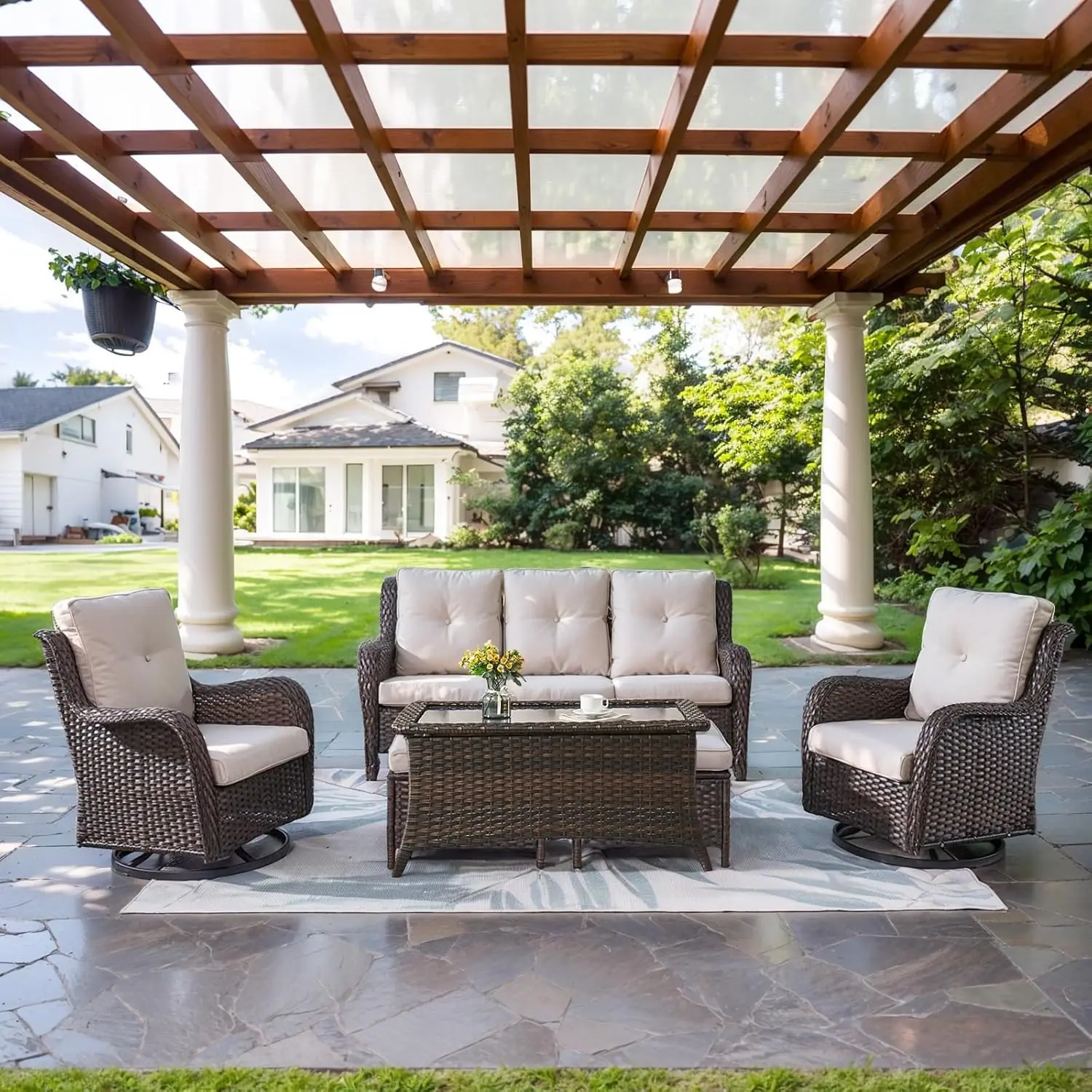 

Outdoor Furniture Patio Furniture Set - 6 Piece Patio Conversation Set with Swivel Rocker Chairs, Rattan, Customized