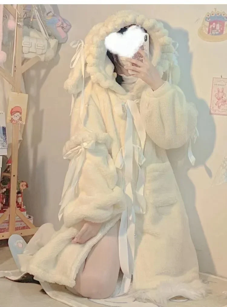 Lolita Style Winter Plush Coat Warm JSK Shawl Cute Rojita Style Woolen Coat Female Long Sleeve Sweet Long Outerwear