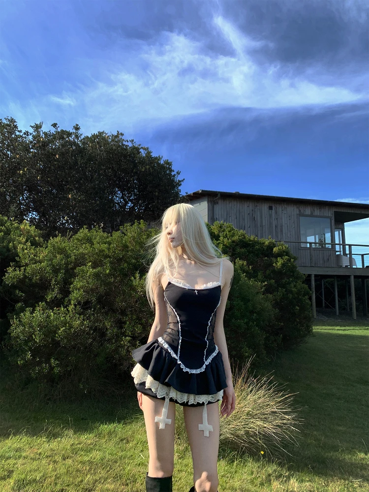 Rase Le sol الأصلي الأسود الدانتيل الصليب التصحيح السباغيتي كعكة تنورة التنانير الصغيرة مثير المدرسة الحلو سليم الساخن الفتيات 2 قطعة مجموعة النساء