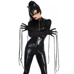 Halloween Sexy Mask Cat Women costumi Cosplay nero Stretch PVC Clubnight tute taglia M & XL body adulto