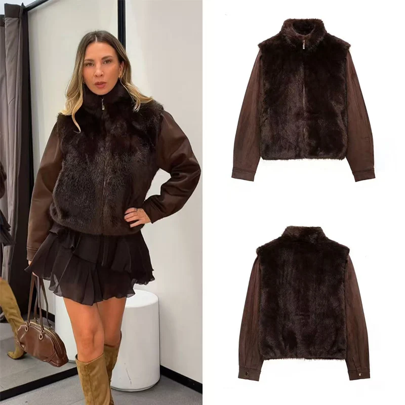 Guobioziy 2026 Women Brown Faux Fur Suede Splice Jacket Stand Collar Zip Up Long Sleeve Winter Warm Fluffy Coat Casual Chic