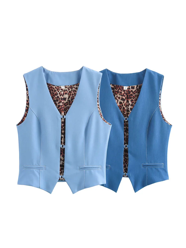 KAOPU ZA Women circular buckle denim vest top vintage v-neck sleeveless female waistcoat chic tops