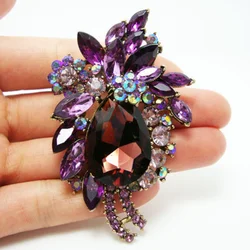 Vintage Style Flower Drop Brooch Pin for Women Purple Rhinestone Crystal Floral Pendant High Quality Feminine Party Wedding Gift