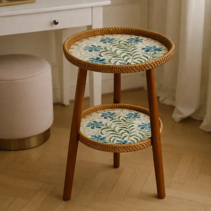 Handcrafted Rattan Two Tier Side Table with Mother of Pearl Mosaic, Luxury Round End Table for Living Room Bedroom Furniture