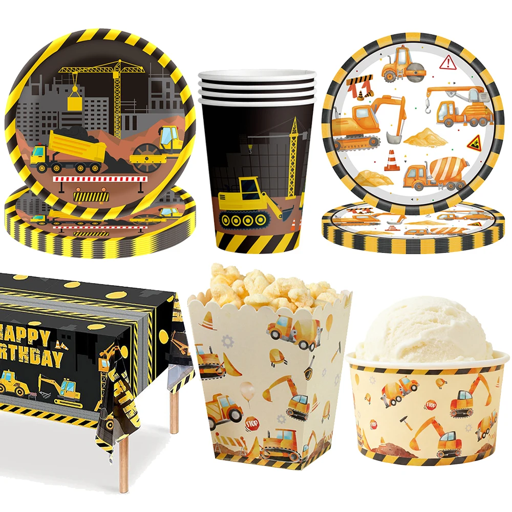 Vajilla Desechable para Fiestas de Vehículos de Construcción, Platos de Papel, Vasos, Mantel, Caja para Palomitas, Tazas para Helado, Decoración