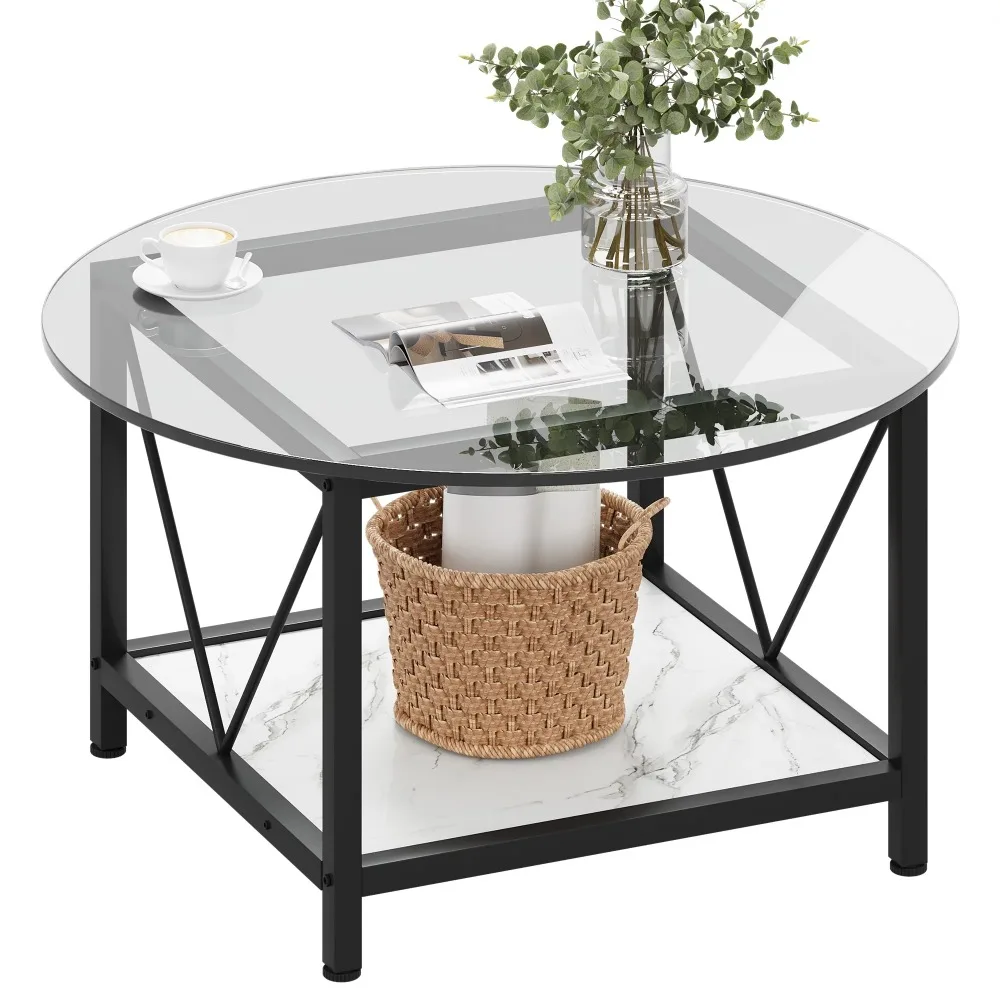 31.5-Inch Coffee Table Round Tempered Glass With Metal Frame Living Room