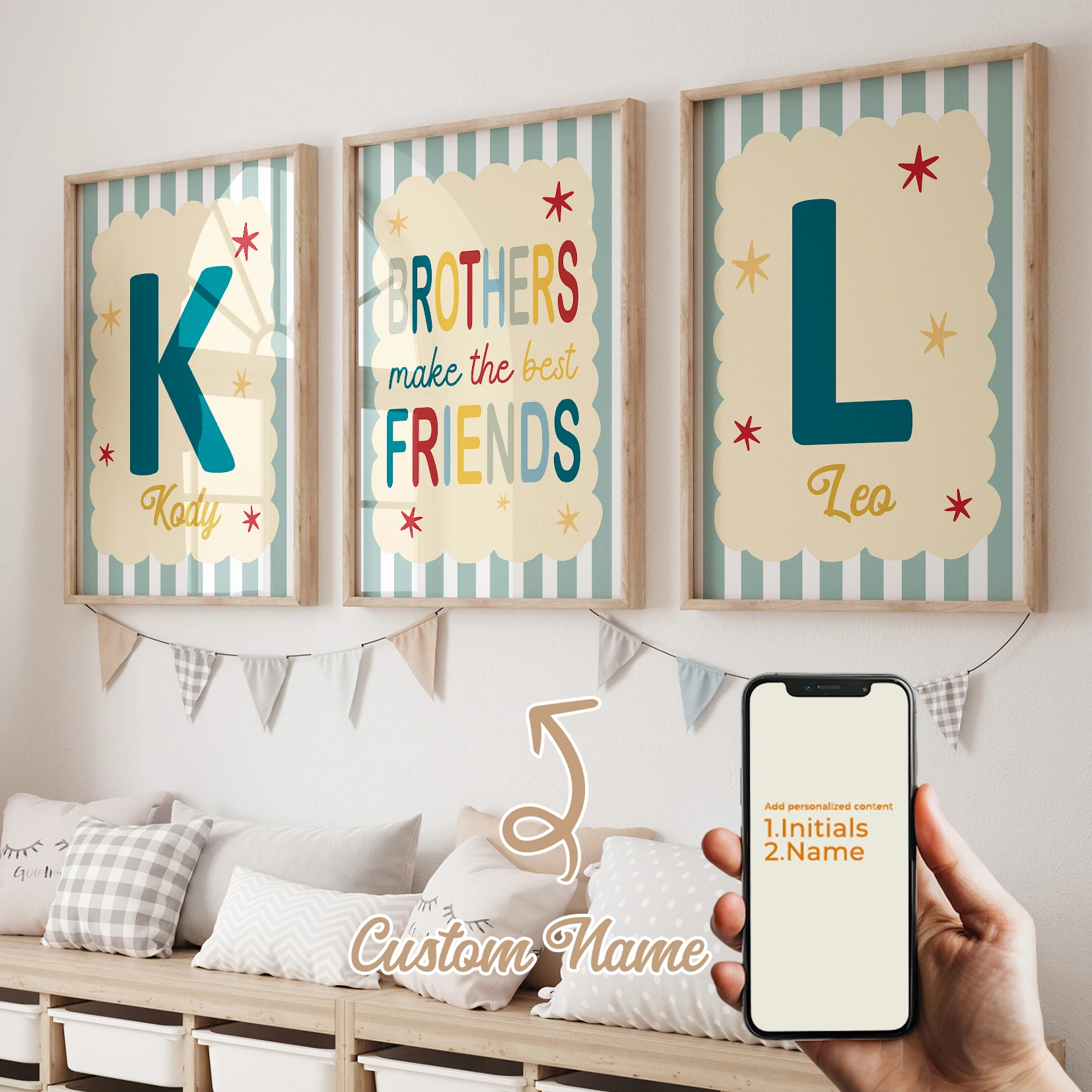 3-teiliges Personalisiertes Wandbild mit Cartoon-Geschwistern, Leinwand-Poster, Gemälde für Wohnzimmer-Dekoration