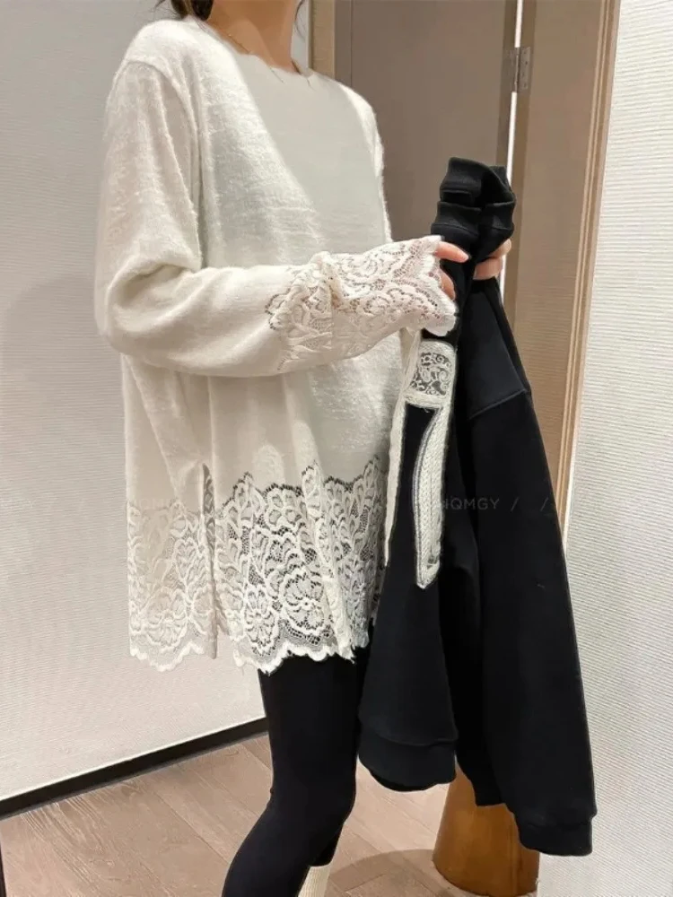 

Корейский шикарный ранний осенний французский джемпер, темпераментный кружевной пуловер с круглым вырезом и вырезами, бархатные облегающие свитера в западном стиле