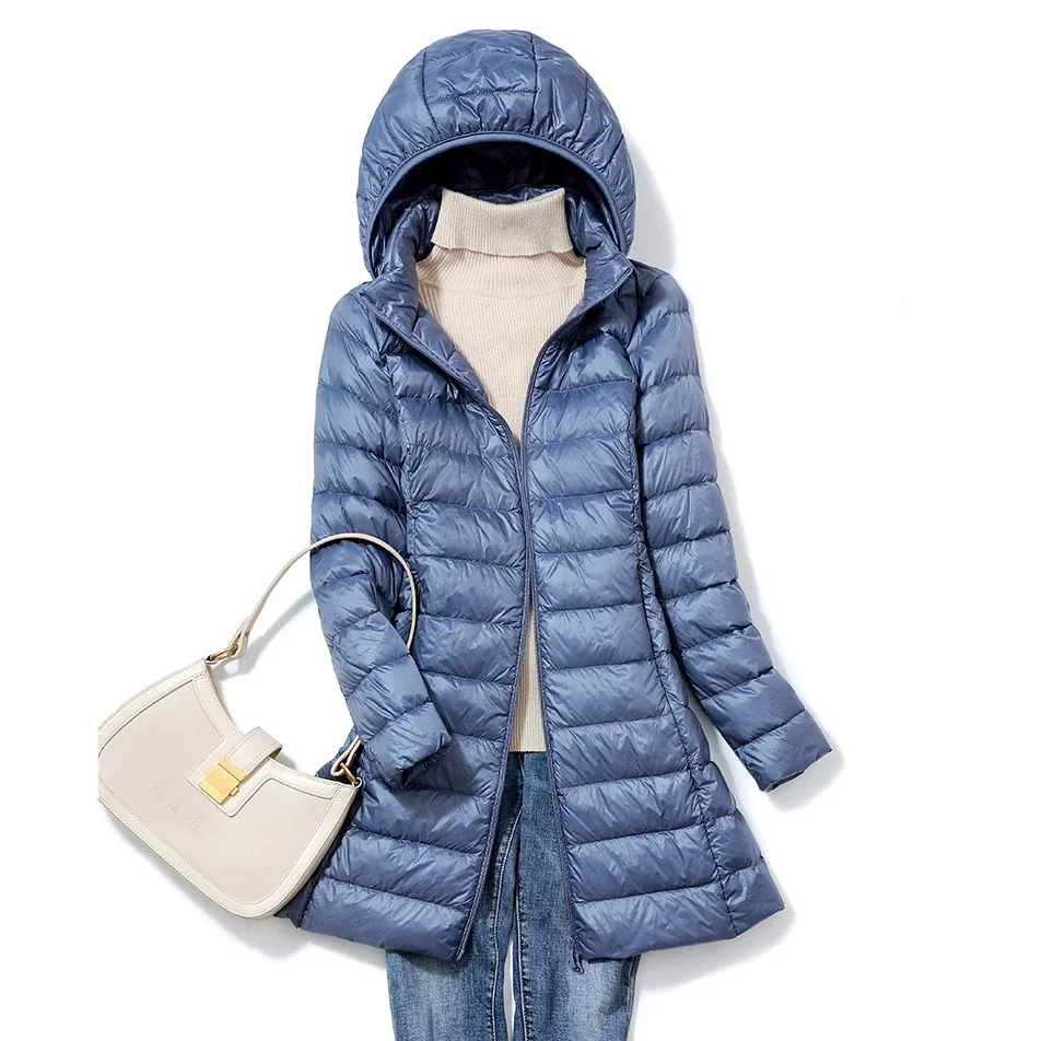 Women Down Jackets Long Ultra Light Thin Coat Plus Size Autumn Winter Casual Puffer Jacket Hooded Parka Coat Loose Fit Zippers