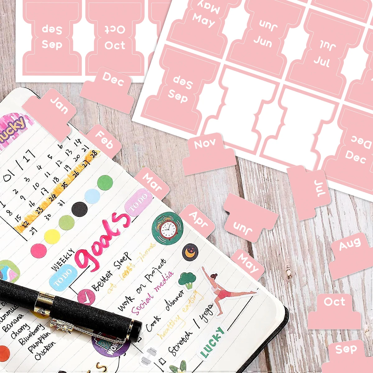 5 Sheets 2 Color Self-adhesive Stamping Labels Monthly Planner Tabs Book Notes Calendar Sticky Tags Office Pad Study Journal