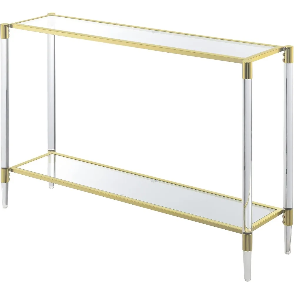 طاولة قاعة حديثة من الزجاج المقسى بطبقتين مع رف تخزين وإطار من الكروم الذهبي، بطول 44.25 بوصة