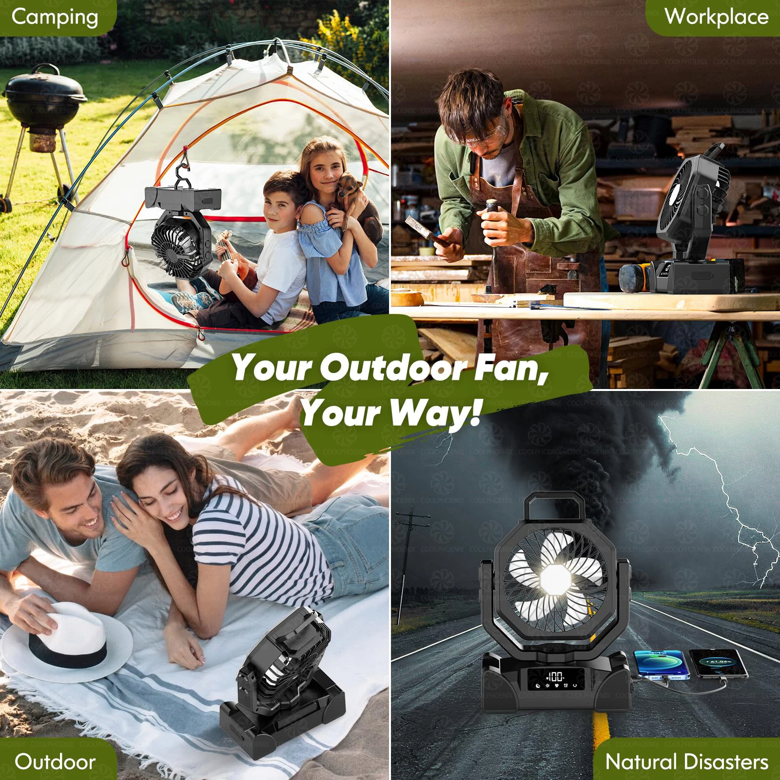 20000mAh مروحة التخييم بطارية قابلة للشحن المحمولة في الهواء الطلق مروحة خيمة لاسلكية مروحة السقف توزيع الهواء مع هوك و مصباح ليد