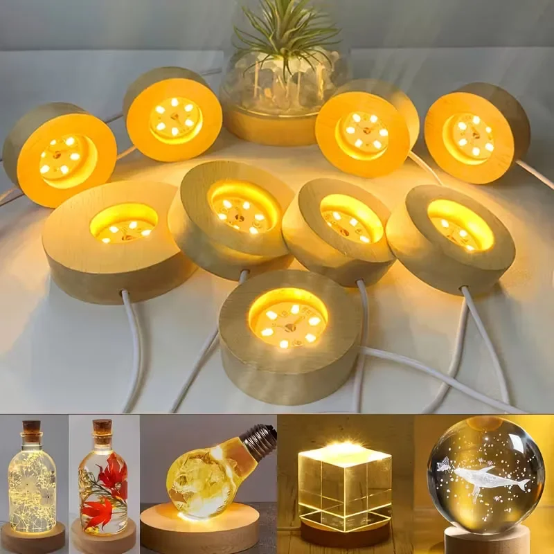6cm/8cm Wooden LED Display Bases Round LED Light Stands with USB Cable Warm White/RGB Night Light Artistic Crystal Glass Stand
