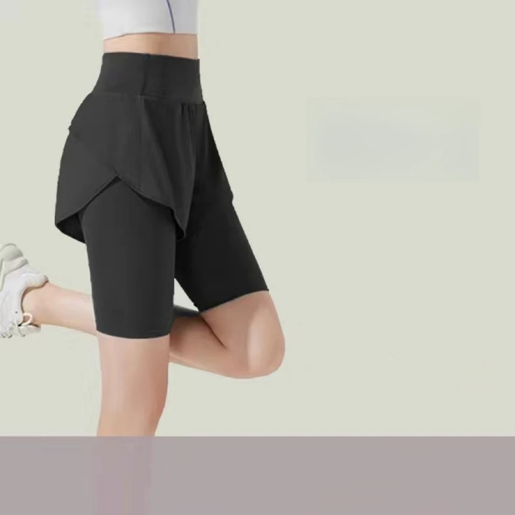 Running Shorts Women's High Waist 2-in-1 Biker Shorts Asymmetric Ruffle Overlay Elastic Waistband Loose Fit Outdoor Running Wear