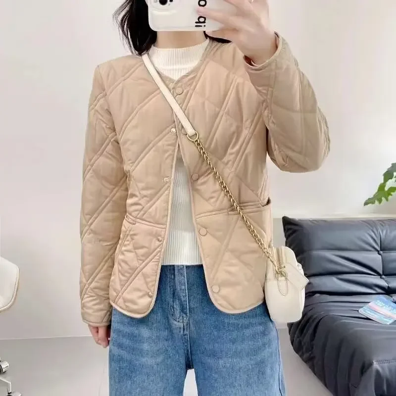 Spring Autumn Slimming Rhombus Grid Round Neck Long Sleeves Single Breasted Solid Light Jacket Short Eider Warm Women Clothing