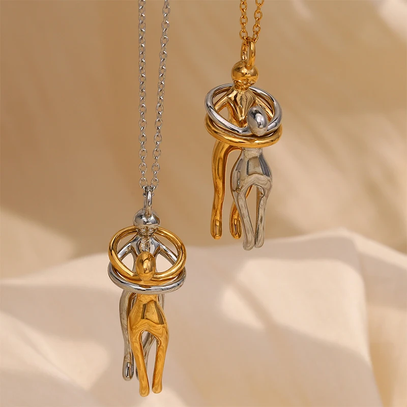 

PRISCA | 18k Gold Lovers Hug Couple Necklace Men and Women Stainless Steel Punk Unique Jewelry Metal Charm