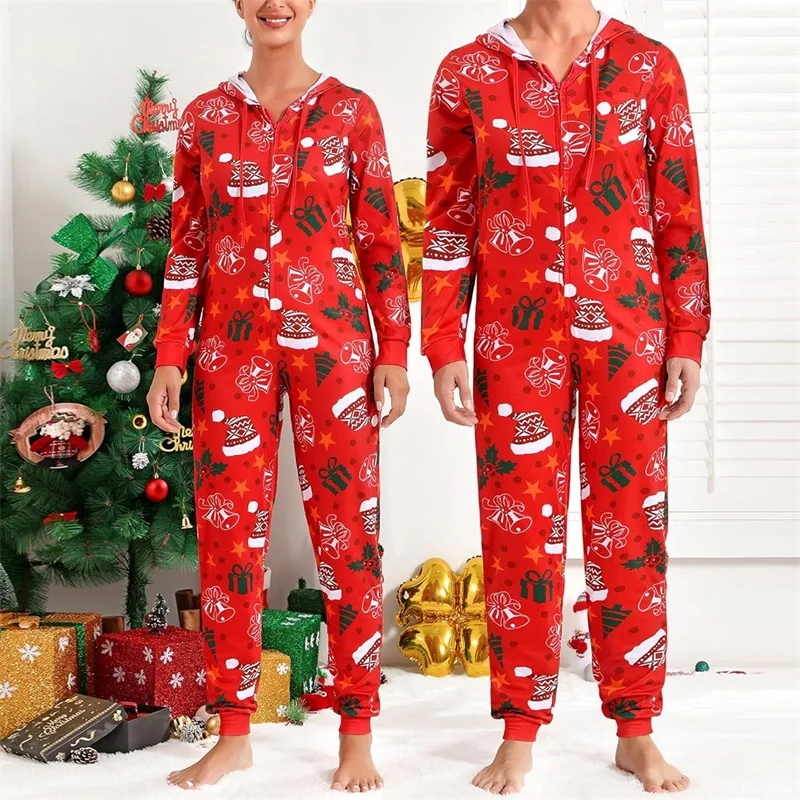 Christmas Pajama Set for Couples Cute Print Hooded Zipper 1 Piece Rompers Loungewear Sleepwear Family Holiday Homewear