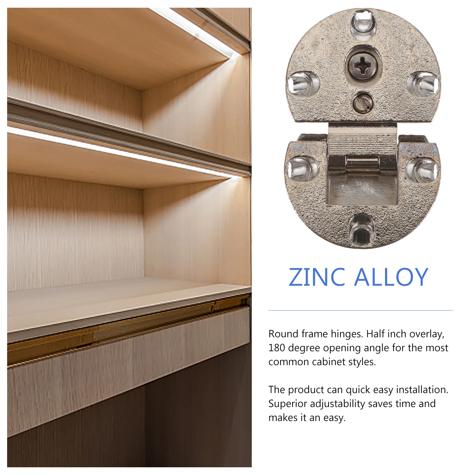 

2Pcs Cabinet Hinges Zinc Alloy Round Frame Soft Close Dampers Heavy Duty Half Inch Overlay 180 Degree Self Supporting Folding